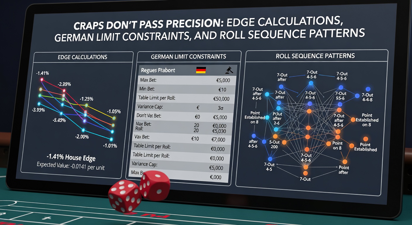 Deutscher Craps-Tisch mit Einsatzlimits angezeigt, Spieler setzen Don't Pass, Dealer markiert Point