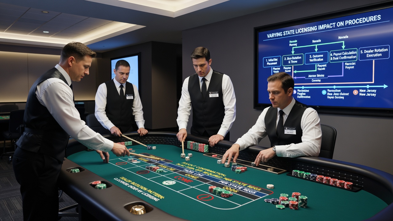 Detailansicht eines Craps-Layouts mit Markierungen für Auszahlungsverifizierung und Dealer-Positionen