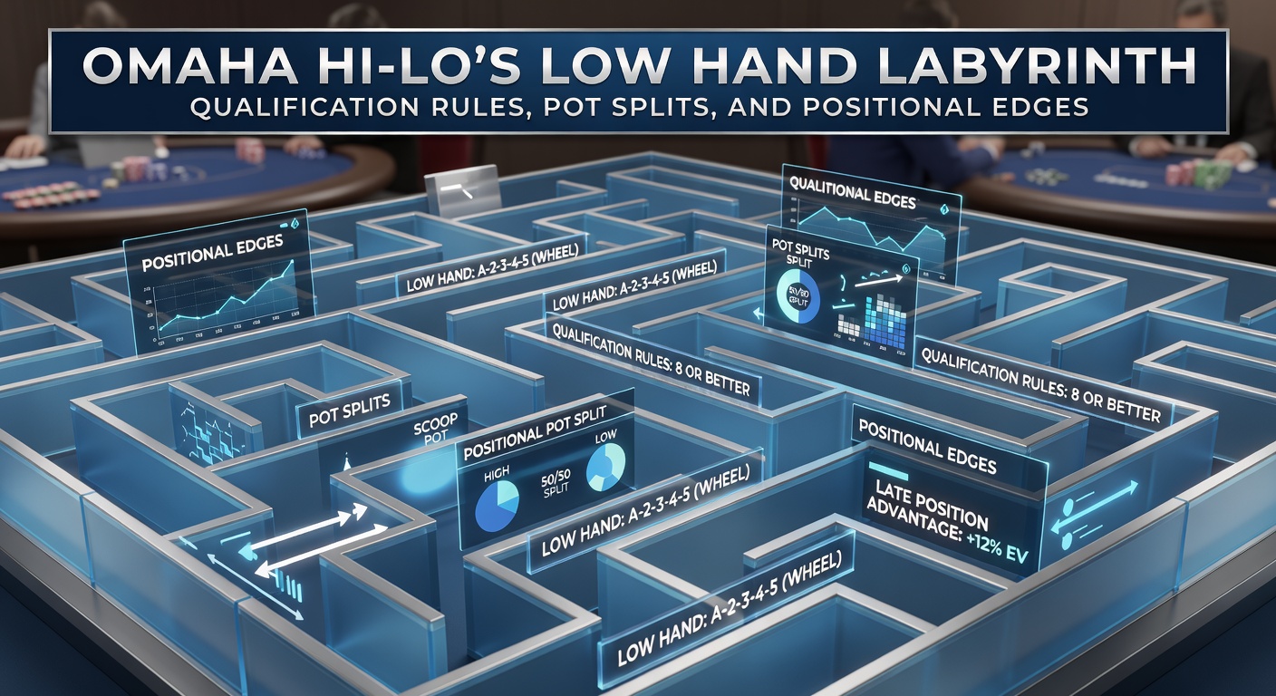 Spieler am Pokertisch analysieren Karten in einem Omaha Hi-Lo Spiel, mit Chips und Low-Hand-Möglichkeiten im Fokus