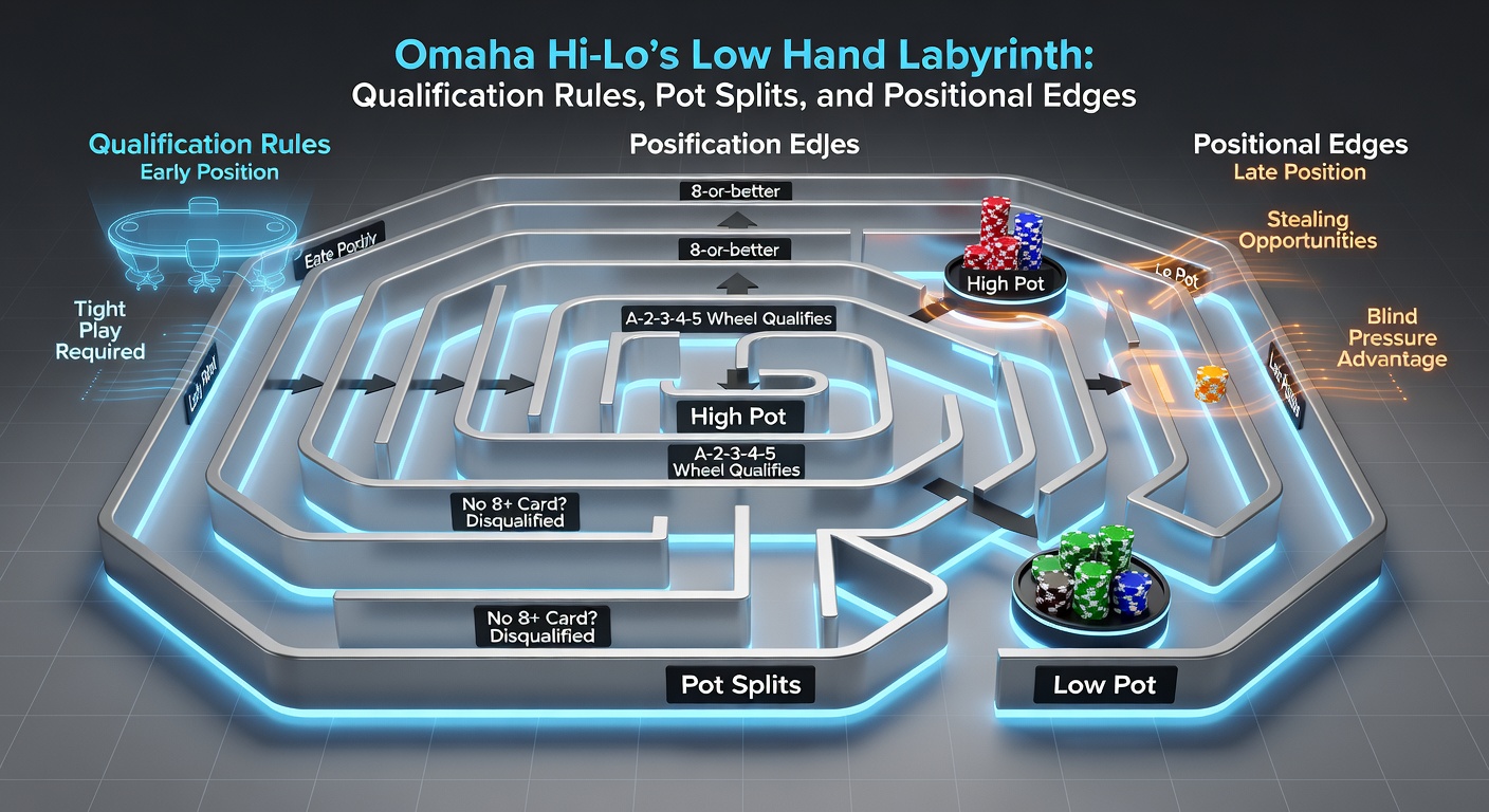 Detaillierte Darstellung eines Pot-Splits in Omaha Hi-Lo, mit High- und Low-Hand-Beispielen und Chip-Verteilung