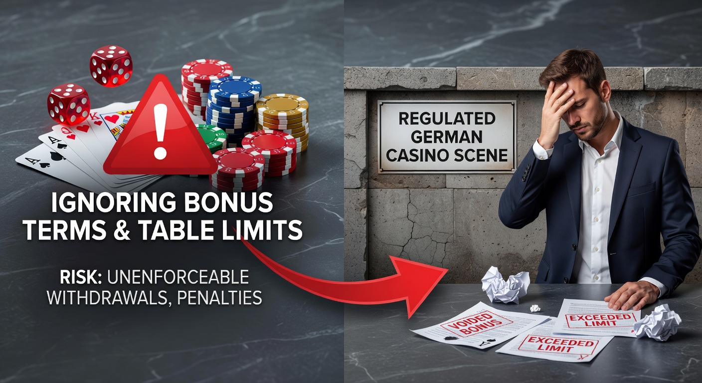 Grafik zeigt ein Casino-Roulette mit Warnschildern für Bonusregeln und Tischlimits in einem deutschen Online-Casino