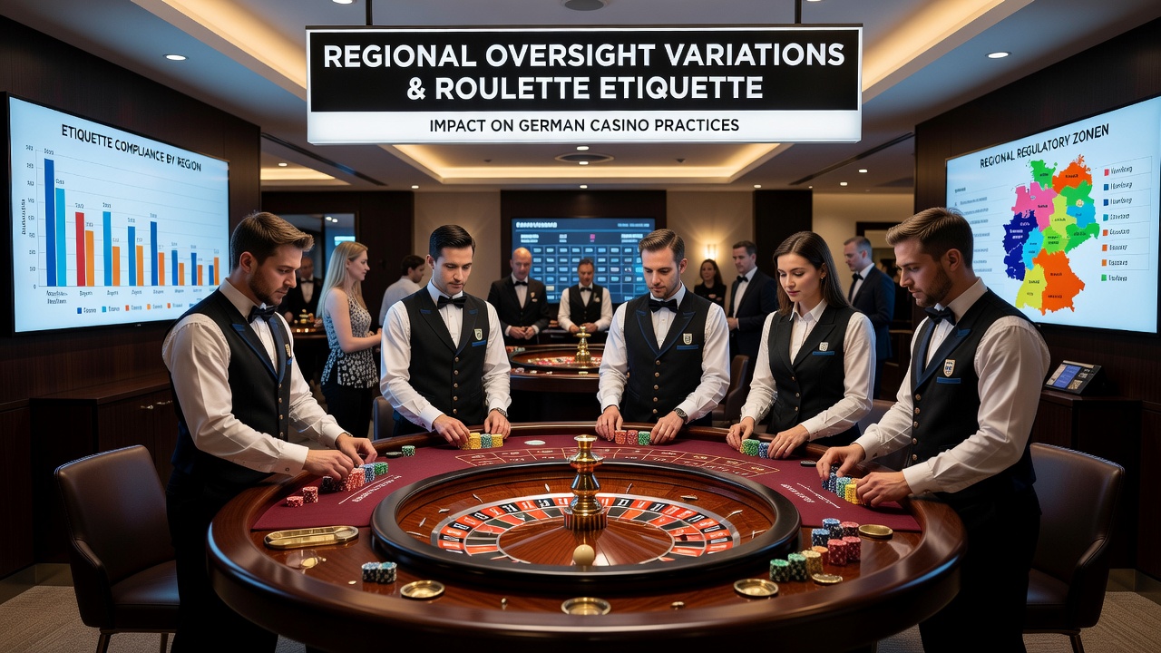 Illustration von Roulette-Etikette mit Spielern und Dealern unter regionalen Aufsichtsvorgaben in einem deutschen Casino