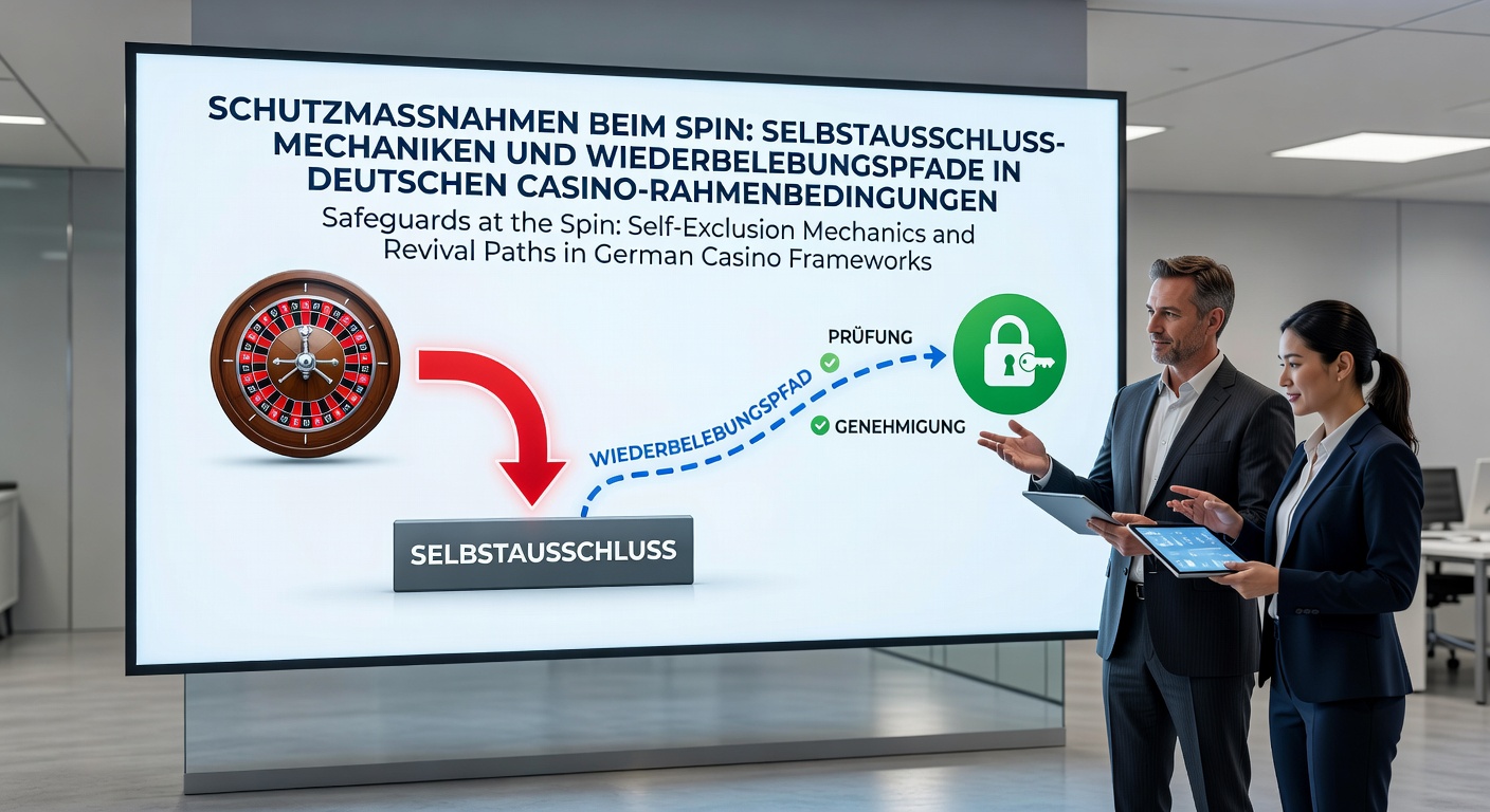 Darstellung eines Casinos mit Symbolen für Selbstexklusion und Schutzmechanismen, inklusive eines roten Stopp-Schilds und einer Beratungsleiter
