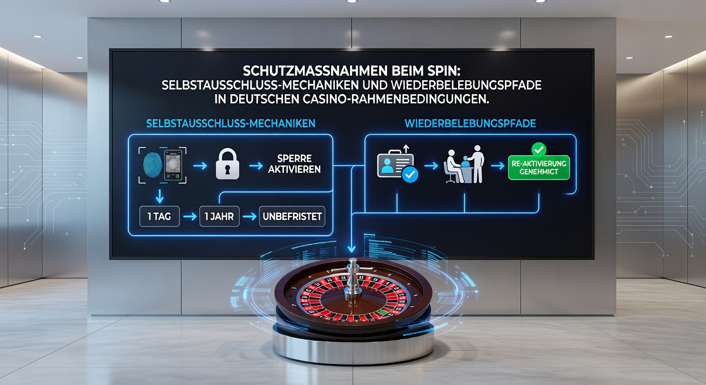 Grafik mit Zeitlinie der Selbstexklusion, Beratungsstufen und Rückkehrpfaden in einem deutschen Casino-Kontext, ergänzt durch Icons für Online- und Offline-Elemente